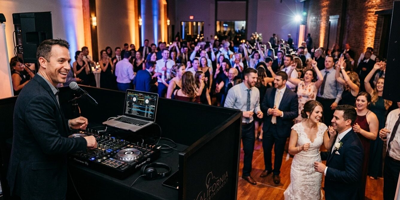 Professional Wedding DJ and Uplighting Setup at Reception Modern professional DJ setup with clean audio equipment and elegant warm uplighting at a wedding reception