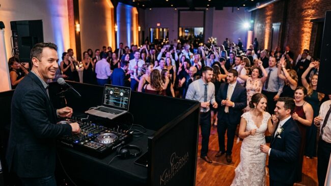 Modern professional DJ setup with clean audio equipment and elegant warm uplighting at a wedding reception