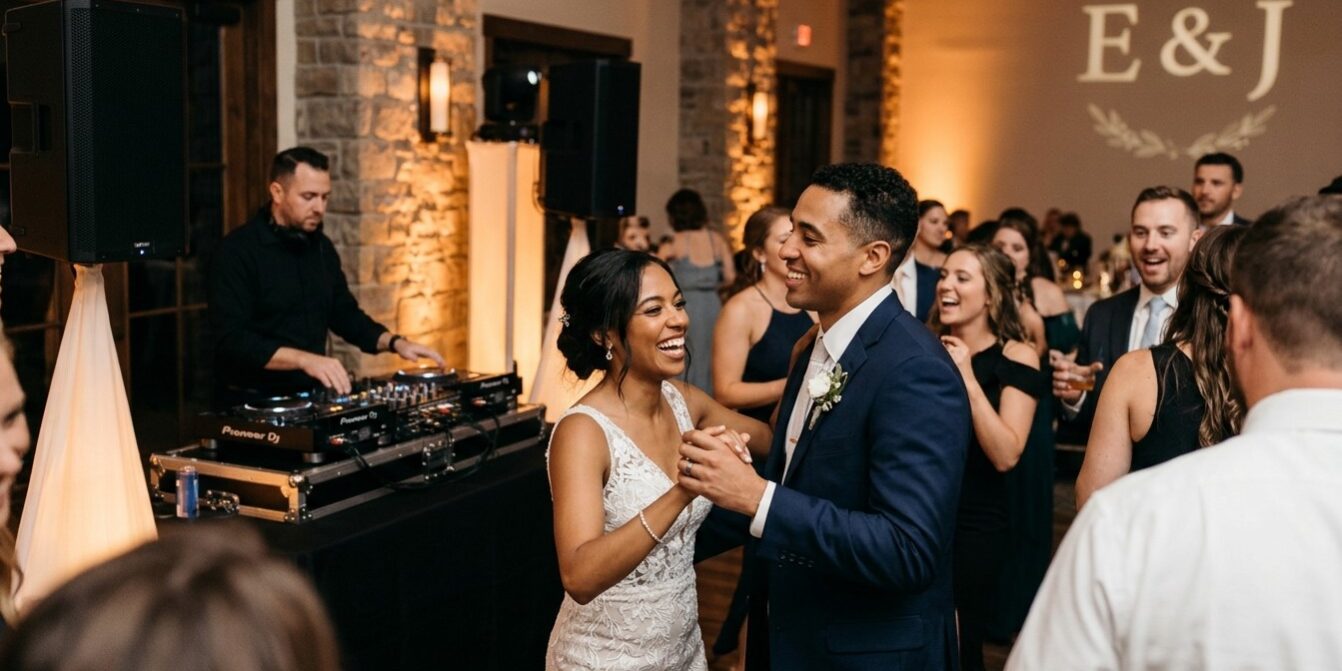 Professional Rochester Wedding DJ and Packed Reception Dance Floor A smiling bride and groom dancing on a packed dance floor during a wedding reception with a professional wedding DJ and custom monogram lighting in Rochester NY.