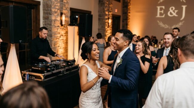 A smiling bride and groom dancing on a packed dance floor during a wedding reception with a professional wedding DJ and custom monogram lighting in Rochester NY.