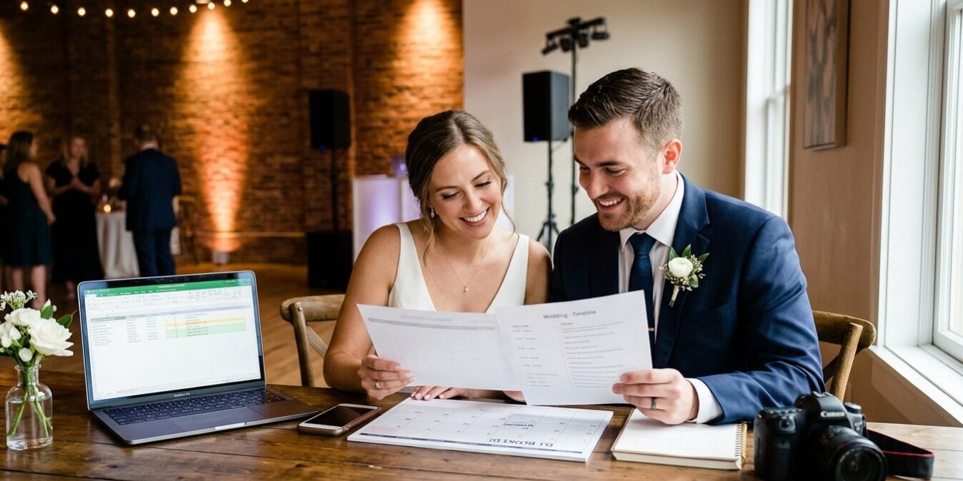 Engaged Couple Reviewing Wedding DJ Booking Timeline A happy engaged couple, sitting at a rustic table, points to a calendar marked 'DJ BOOKED!' while reviewing wedding planning timeline documents.