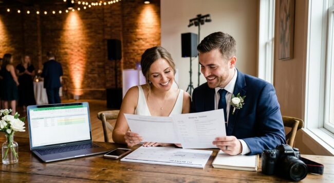 A happy engaged couple, sitting at a rustic table, points to a calendar marked 'DJ BOOKED!' while reviewing wedding planning timeline documents.