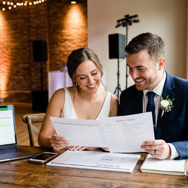 Engaged Couple Reviewing Wedding DJ Booking Timeline A happy engaged couple, sitting at a rustic table, points to a calendar marked 'DJ BOOKED!' while reviewing wedding planning timeline documents.