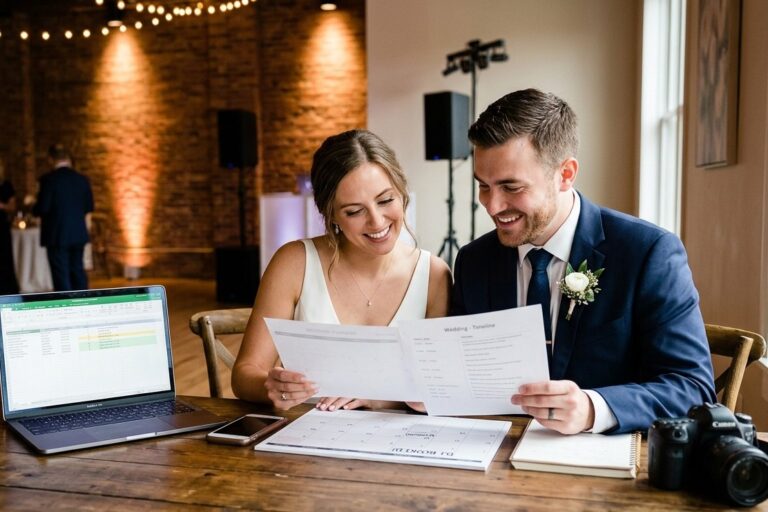 A happy engaged couple, sitting at a rustic table, points to a calendar marked 'DJ BOOKED!' while reviewing wedding planning timeline documents.