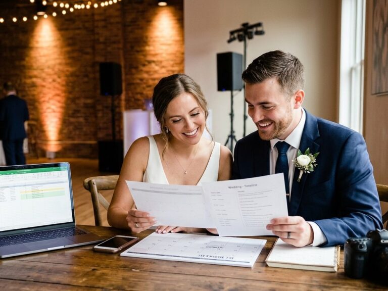 Engaged Couple Reviewing Wedding DJ Booking Timeline A happy engaged couple, sitting at a rustic table, points to a calendar marked 'DJ BOOKED!' while reviewing wedding planning timeline documents.