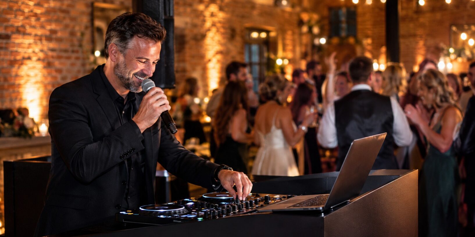 A professional wedding DJ in a sharp suit reading the room behind a clean black DJ console with pro audio equipment at a warm venue