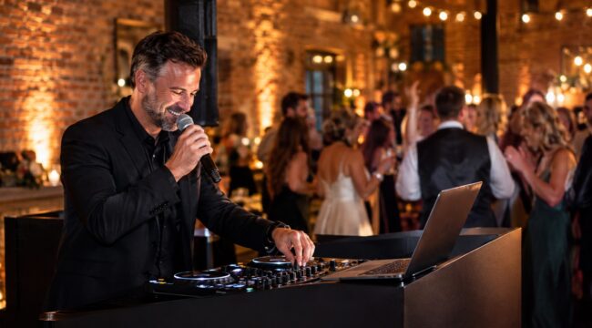 A professional wedding DJ in a sharp suit reading the room behind a clean black DJ console with pro audio equipment at a warm venue