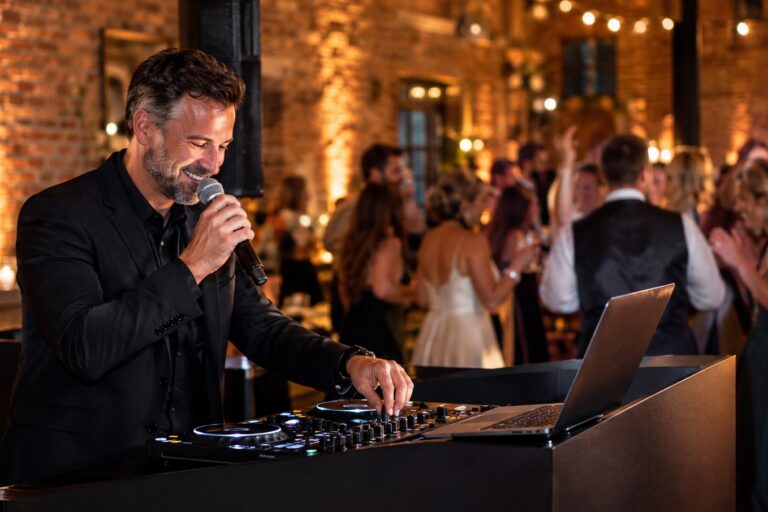 A professional wedding DJ in a sharp suit reading the room behind a clean black DJ console with pro audio equipment at a warm venue