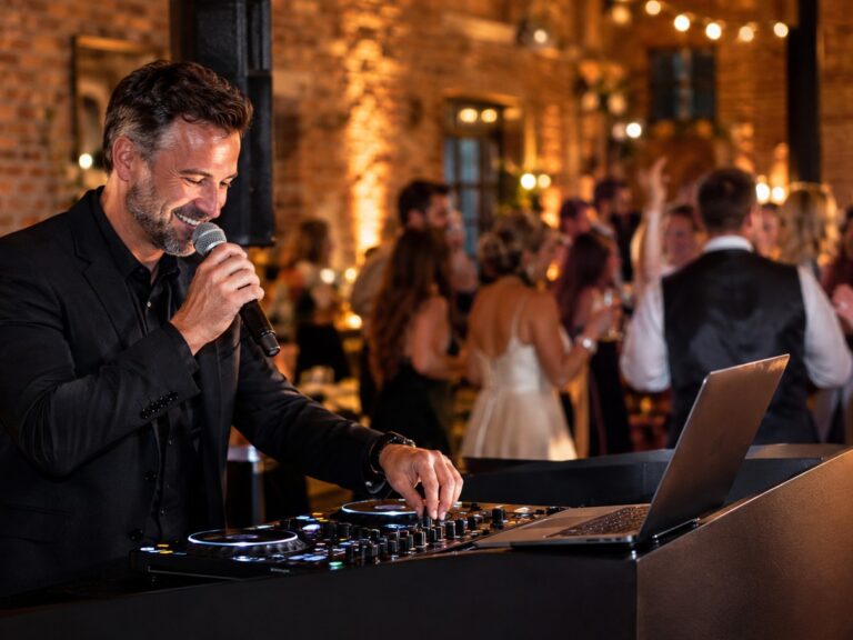 A professional wedding DJ in a sharp suit reading the room behind a clean black DJ console with pro audio equipment at a warm venue