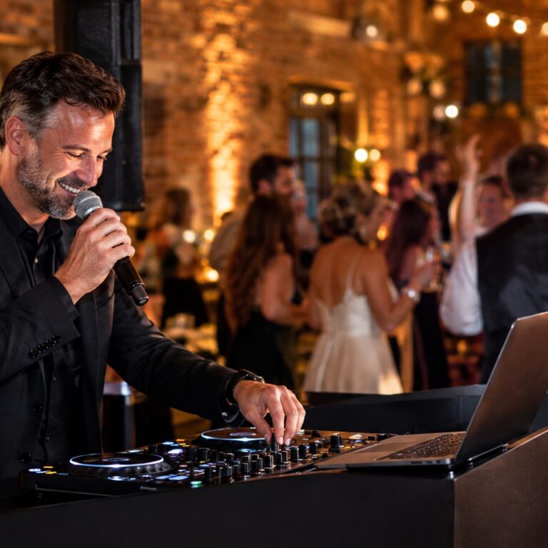 Professional Wedding DJ Reading the Room at Reception A professional wedding DJ in a sharp suit reading the room behind a clean black DJ console with pro audio equipment at a warm venue