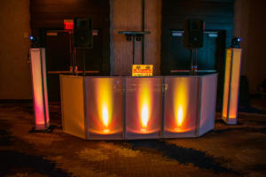 Hyatt Rochester Downtown | Harry Potter Wedding Reception | Custom amber DJ set up | Rochester DJ | Rochester Wedding and Event Entertainment